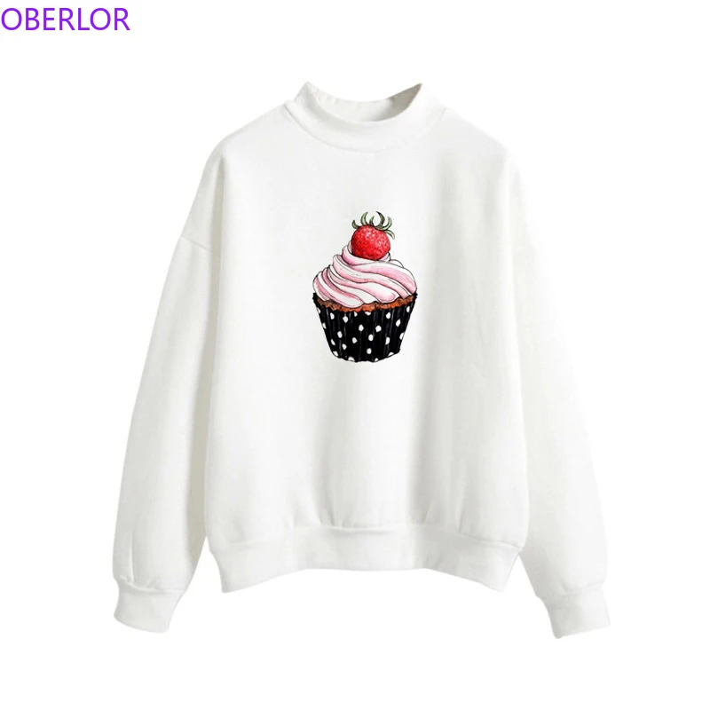 

Strawberry Cake Print Sweatshirt Cartoon Cute Tops Pullover White Pink Hoodies Women Casual AutumnWinter Kawaii Sweat Femme 2019