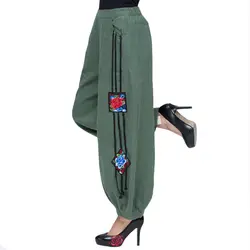 Армейский зеленый цветочный Для женщин классический китайский Мотобрюки Демисезонный штаны с эластичной резинкой на талии Вышивка