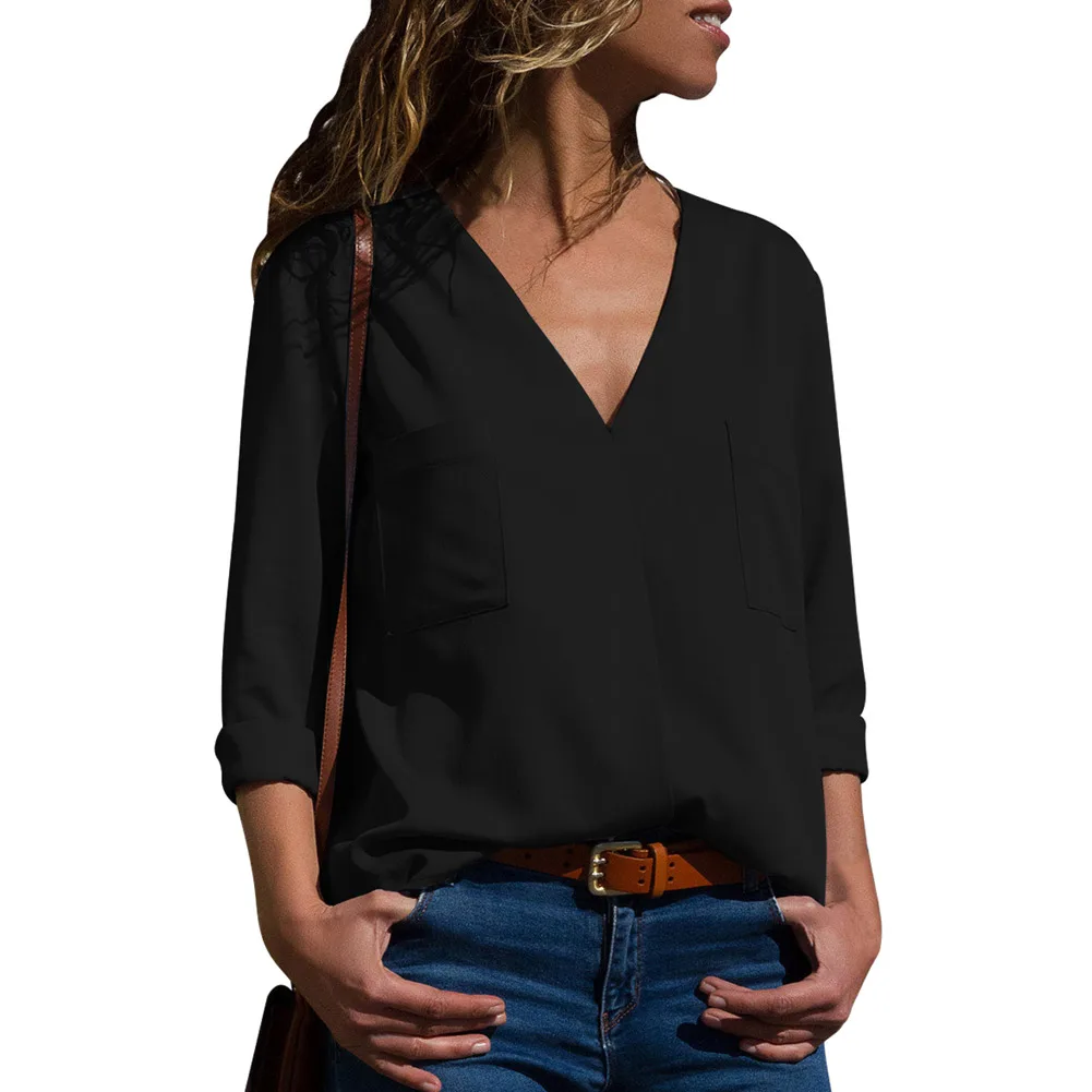 

2018 new design fashion plue size women shirt casual sexy wrap v neck roll up long sleeve loose female solid color tops