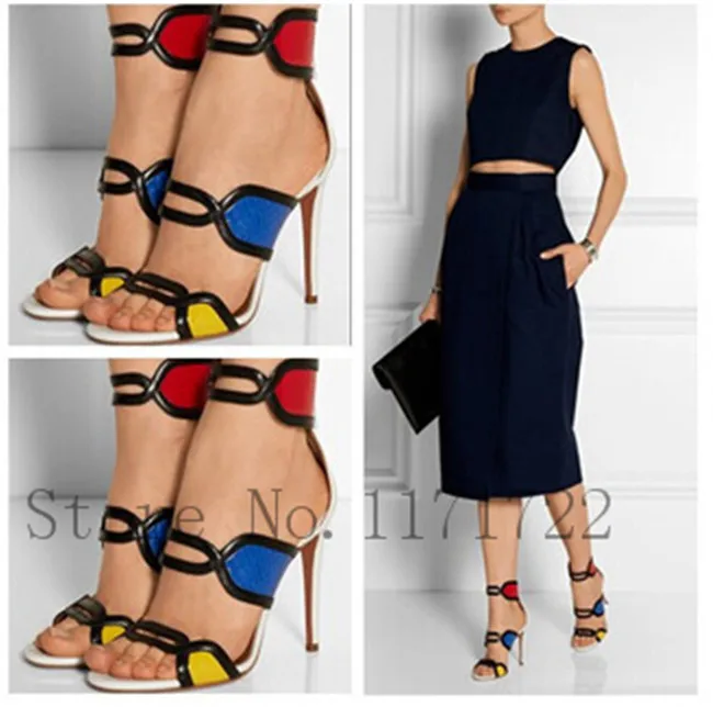 

Color Patchwork Design Multi color Women Designer Sandals High Heels Snaker Ankle Wrap Gladiator Sandals Dressing Shoes