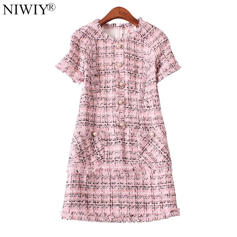 NIWIY/Брендовое розовое шерстяное зимнее платье в клетку Vetement Femme коллекция 2019 года