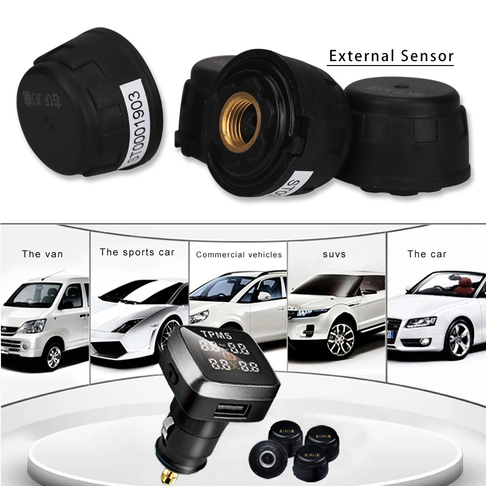 Car TPMS Wireless Tire Pressure Monitoring System With 4 External Sensor Universal Auto Tyre Pressure Monitoring System Wireless auto tire pressure sensor tpms tire pressure valve for vw cc oem 433mhz 3aa907275 retail wholesale free shipping promotion