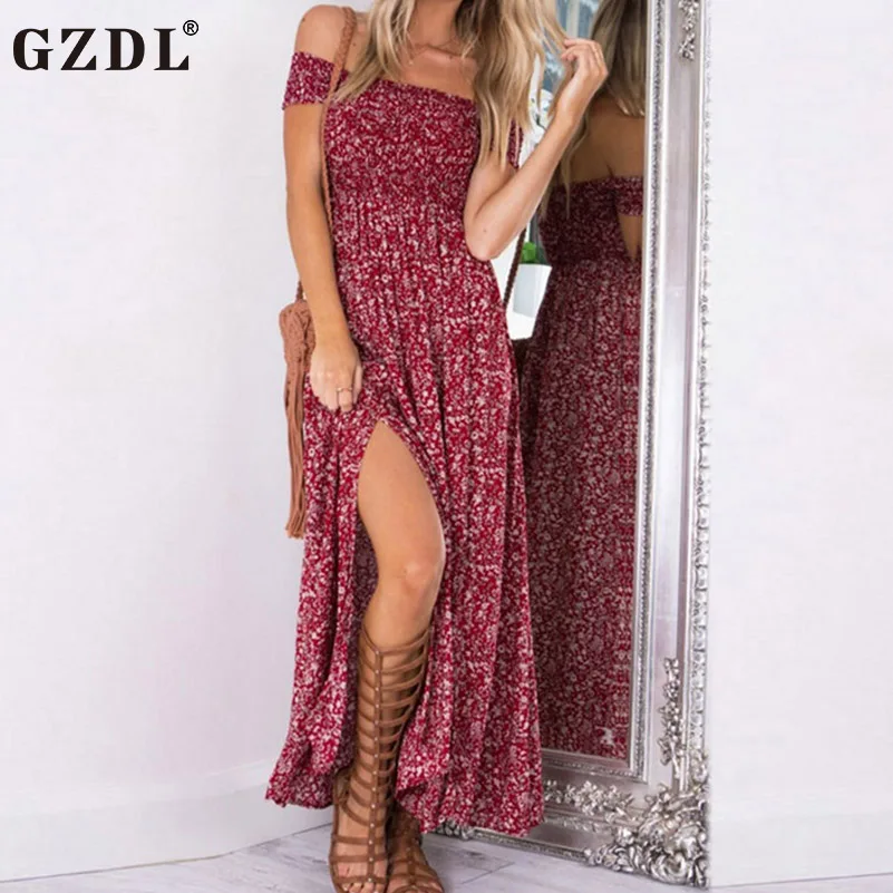 Buy Cheap GZDL Sexy Floral Print Slash Neck Summer Women Vintage Dress Off Shoulder Backless Split Boho Beach Long Dresses Vestidos CL3172