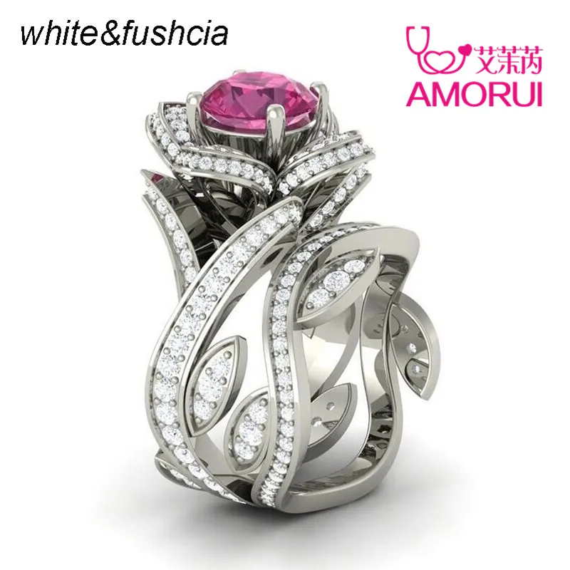 AMORUI New Fashion Silver Color Big Rose Flower Ring For Woman 12 Colors CZ Stone Wedding Rings Jewelry Gifts Dropshipping