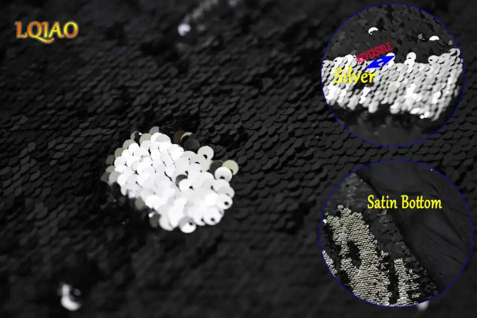 3 метра(1,25 м х 3 м) двусторонняя Русалка рыбья чешуя блесток ткань розовое золото-ткань с белыми пайетками для платьев/бикини/наволочки - Цвет: Black and Silver