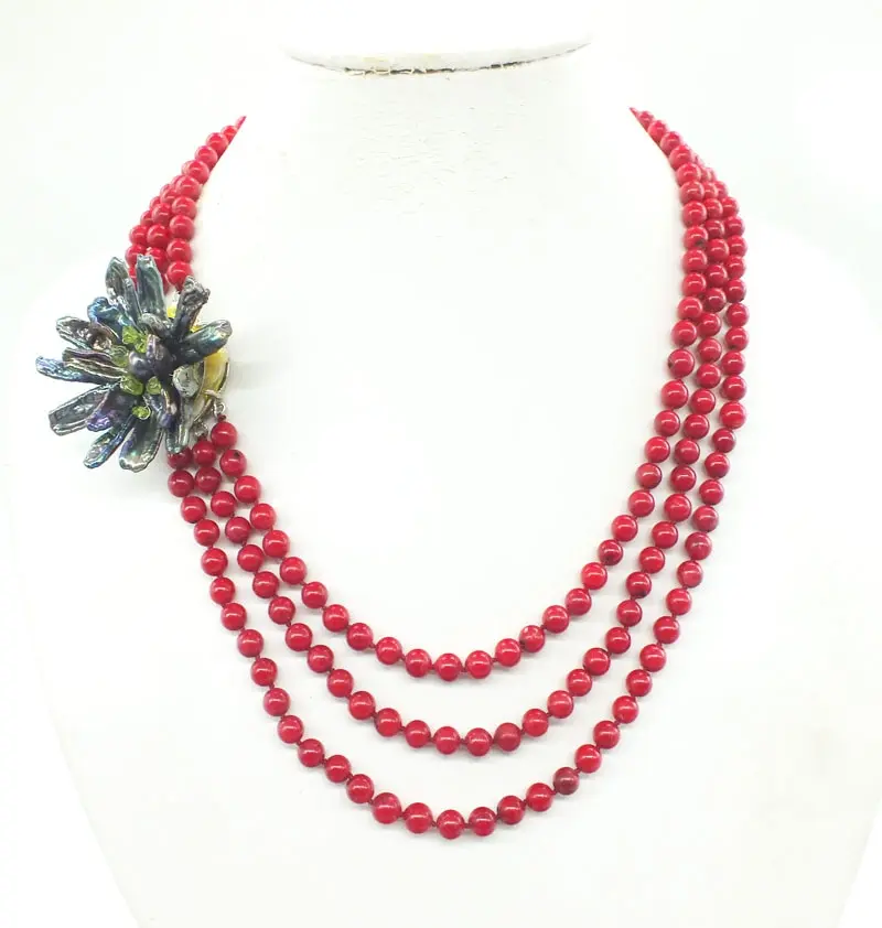 6MM Natural Red Coral 3 Layer Charm Bridal Wedding Coral Necklace