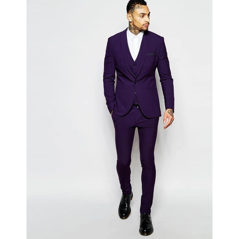 Новые One Button Темно-фиолетовый смокинг для жениха лацканы с отворотом для шафера мужские свадебные костюмы для выпускного (куртка + брюки +