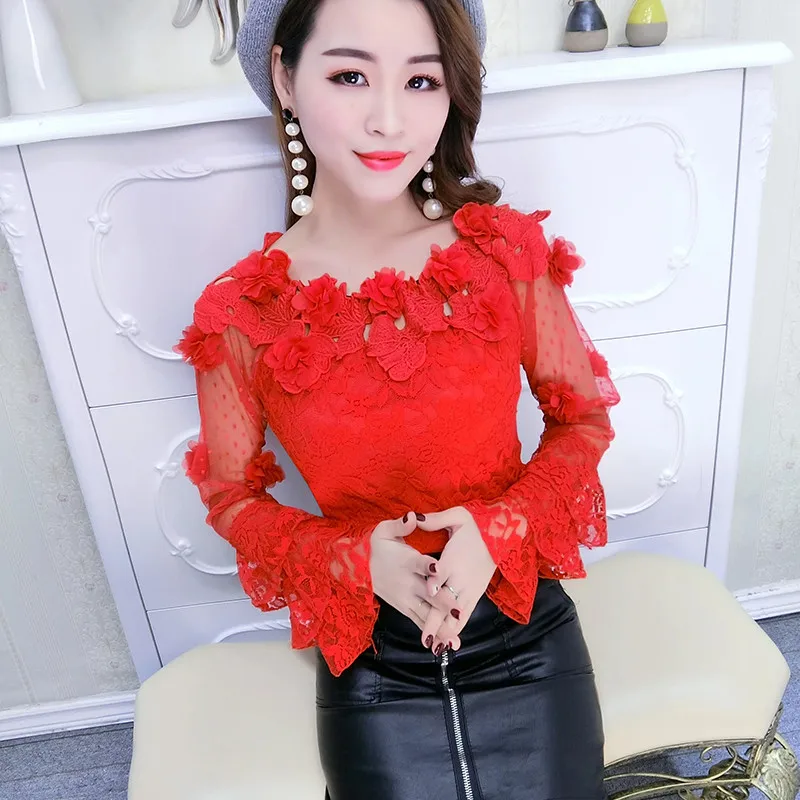 2018 Spring Summer Women Blouse Sweet Hollow Out Floral Lace Shirt Female Flare Sleeve Slash Neck Mesh Blouses Short Tops AB815