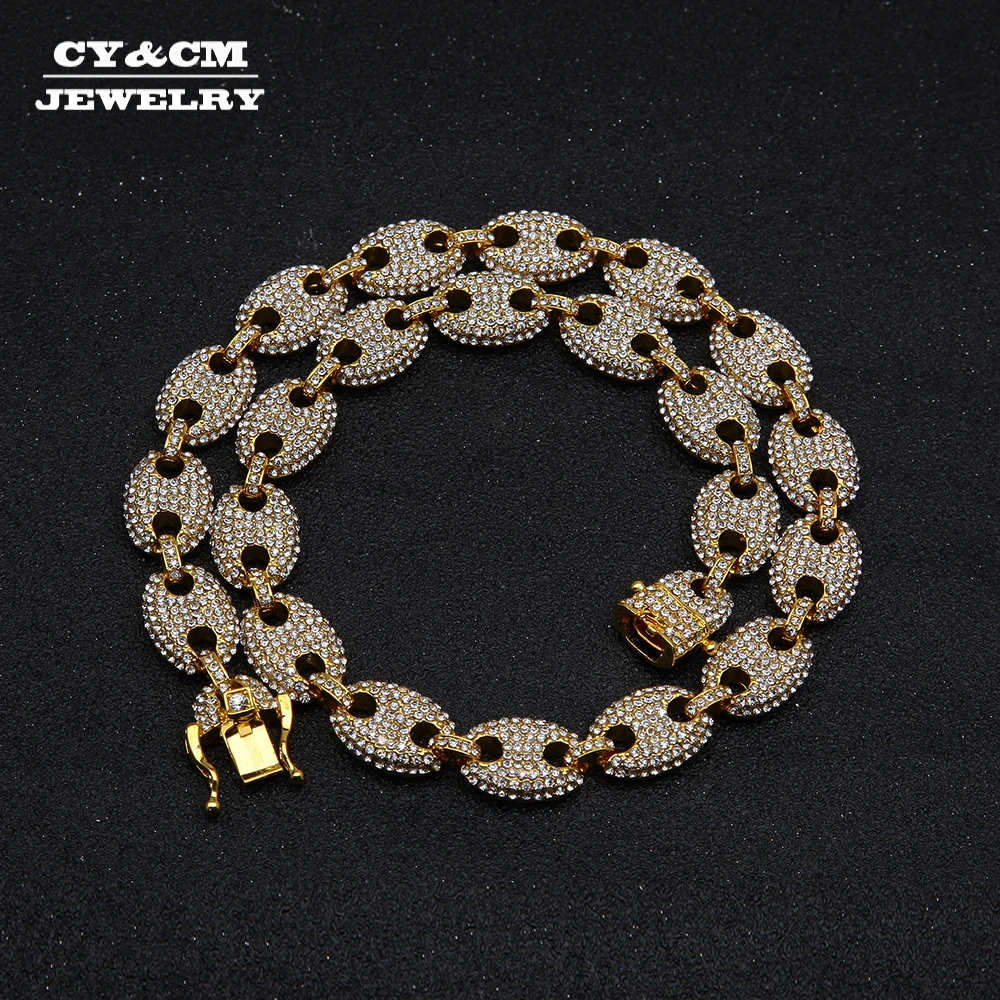 Cena Stop Rhinestone naszyjnik Hip hop Iced Out CZ maszyna worek ziaren kawy w świnia nos urok Link Punk łańcuch Choker Bling biżuteria naszyjniki dla mężczyzn