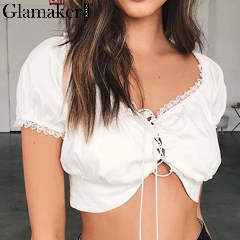 

Glamaker Lace up white short women shirt Summer sexy elegant casual blouse Spring black party club puff sleeve loose femlae top