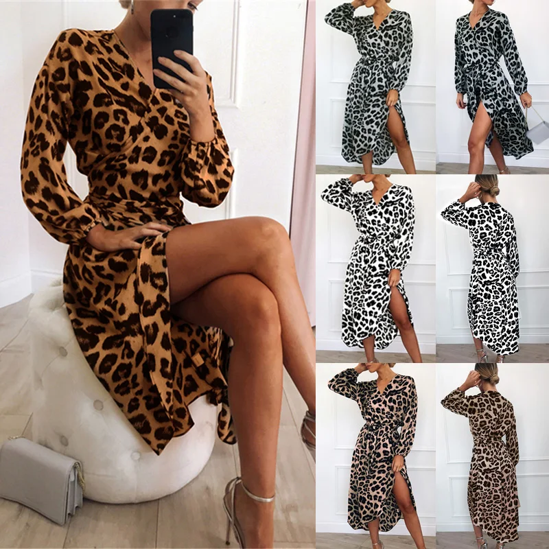 Модные женские длинные рукава леопардовый принт Длинные платье макси вечеринка
