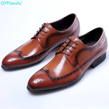 

QYFCIOUFU New Classic Men Dress Shoes Fashion Man Genuine Leather Wedding Shoes Luxury Brand Male Oxfords Flat Brogue Shoes