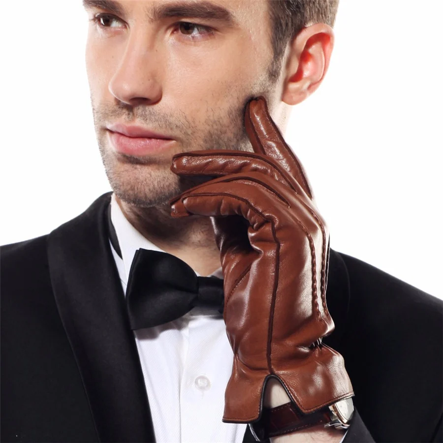 HOT SALE Men's Genuine Leather Gloves Swallow Tailed Design Winter Sheepskin Glove Velvet Lined Gloves Male EM009WQF-5