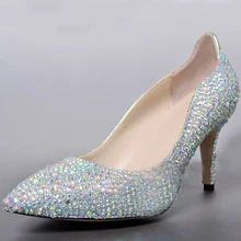 Custom Made Genuine Leather Prom Shoes Pointed Toe Bridal Dress Shoes AB Crystal Nighclub Party Shoes Graduation Party Pumps