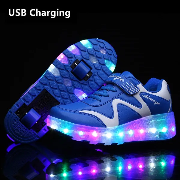 Eur28-43 два кроссовки с колесиками usb зарядка светящийся светодиодный осветительный прибор вверх Heelies колеса для роликовых коньков обувь для мальчиков и тапочки для девочек - Цвет: Ws01 Blue