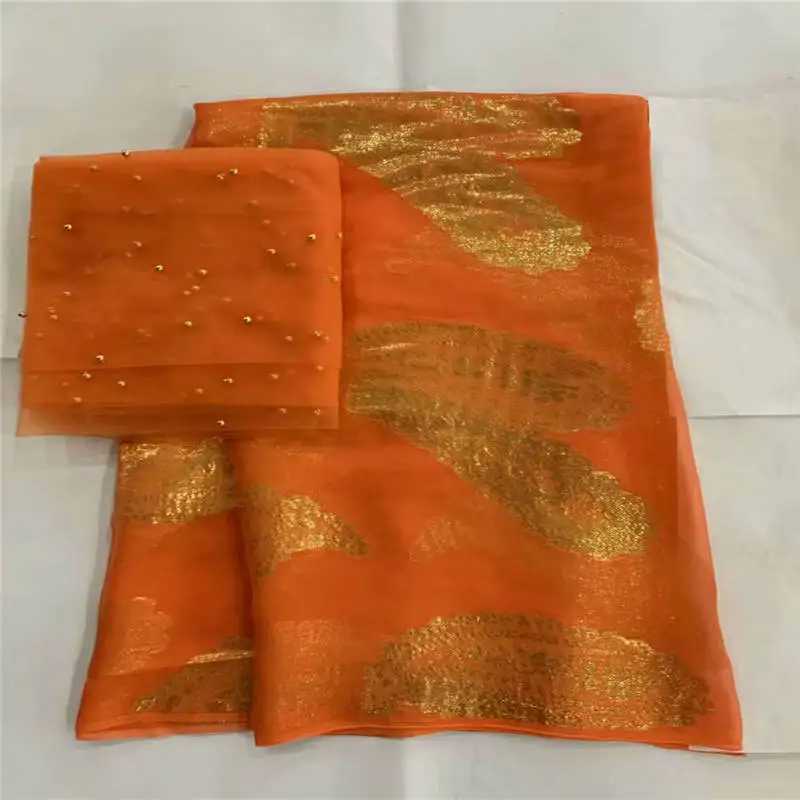 

Hot selling african wax pattern satin fabric nigerian bright color gold pattern design Elastic silk for dress 5 +2yards ! P60958
