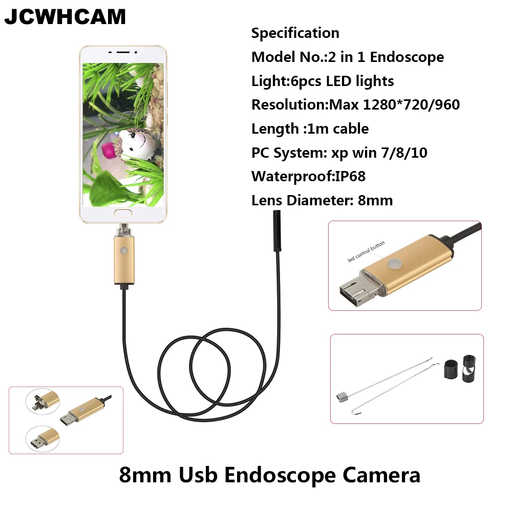 Jcwhcam Mini USB Android 8 мм диаметр 1 м Длина эндоскопа HD 710 P Инспекции Змея Камера Водонепроницаемый Змея трубы бороскоп cam для ПК