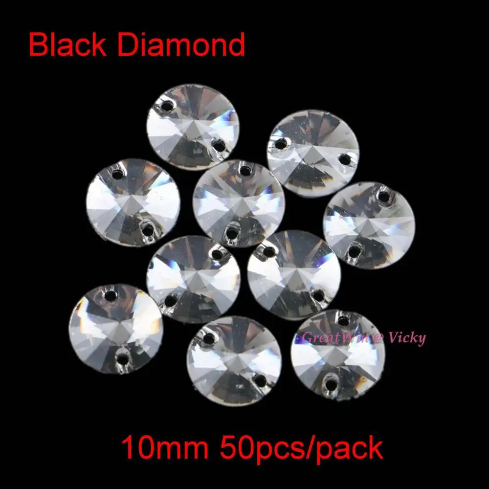 50 шт., 10 мм, круглые стразы из смолы для шитья, Стразы для шитья, бусины с двумя отверстиями, Пришивные хрустальные камни, серебряная основа для рукоделия, для использования в одежде - Цвет: Black Diamond