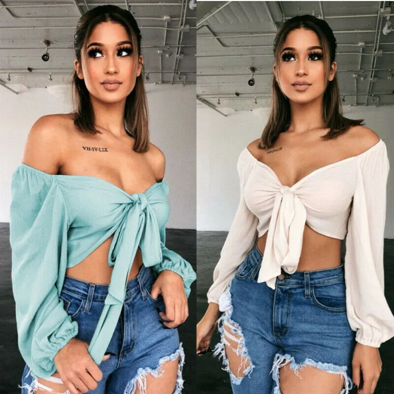 

Summer Women Sexy Off Shoulder V-neck Blue & White Top Blouse Long Sleeve Crop Tops Shirt Night Club