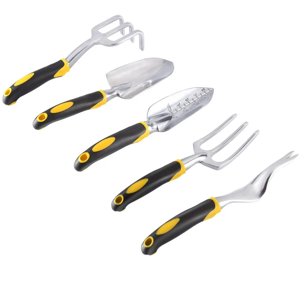 

5 Pcs Durable Garden Hand Tool Set Trowel Transplanter Cultivator Fork Weeder Casting Aluminium Body Soft Ergonomic Handle