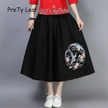 Весенняя юбка из хлопка и льна в этническом стиле с высокой талией и вышивкой