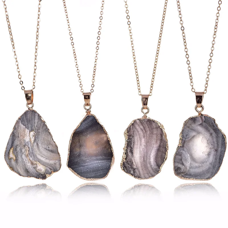 

Gold Color Irregular Shape Natural Stone Slice Galaxy Pendant Necklaces Link Chain Raw Stone Crystal Sweater Necklaces For Women