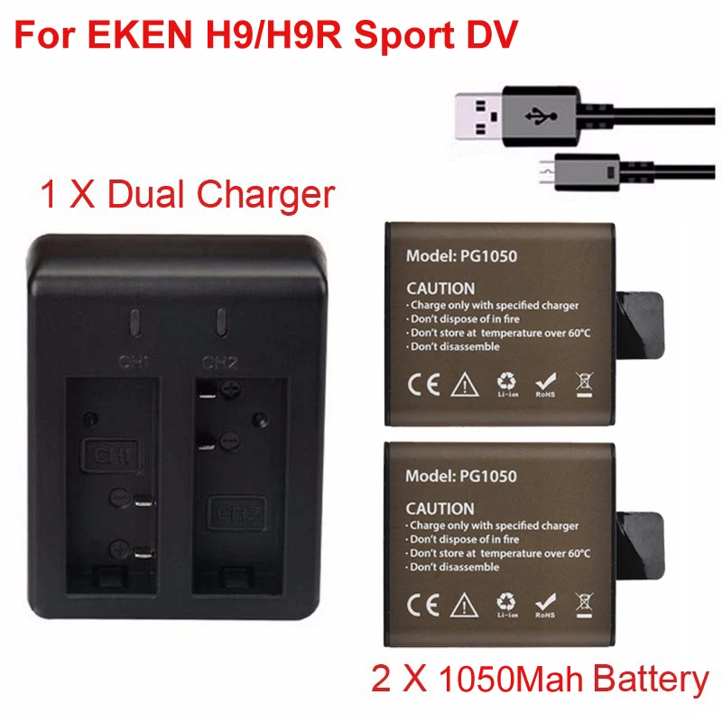Аккумулятор для экшн-камеры 2x1050 мАч+ двойное зарядное устройство для eken H9 H9R H3 H3R H8 H8R H8 SJCAM SJ4000 SJ5000 Sport DV Batteria