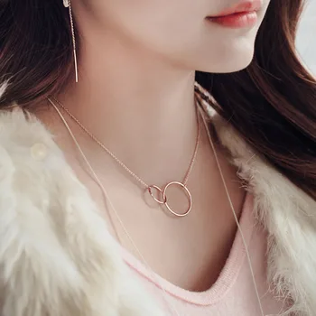 

RYOUCUTE Rose Gold Double Circle Silver Color Round Necklaces Pendants for Women Statement Long Necklace Wedding Jewelry