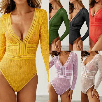 

High Quality Women Jumpsuit Transparent Lace Sexy Bodysuit V-neck Long Sleeve Tops Ladies Romper Overalls 2019 Summer Blusa