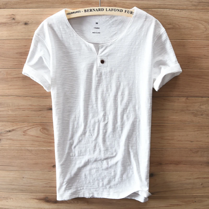 

2017 New Style Casual Short Sleeve O-Neck with Button Unique Design T shirt Men 100% Cotton White Soft T-shirt Men Camiseta