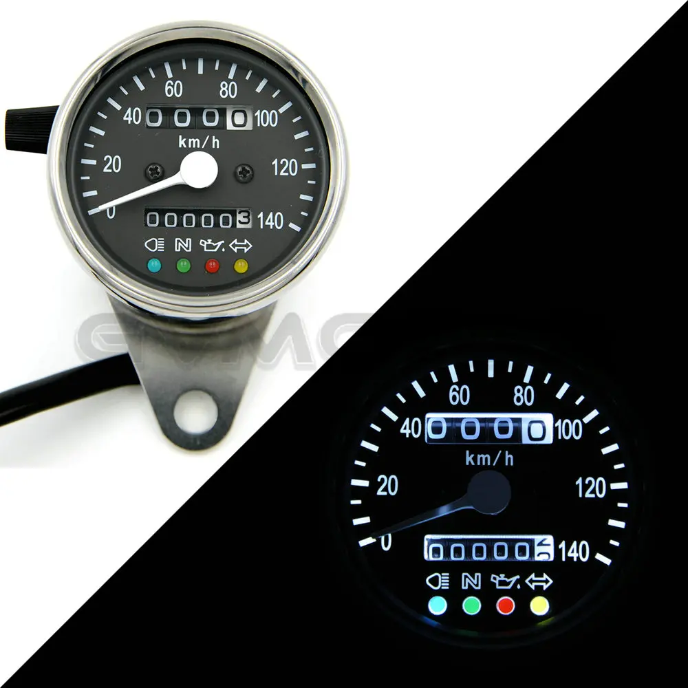 

CAFE RACER 60MM Stainless mechanical odometer speedometer Black Face/White LED with indicator lights 0-140KM/H free shipping