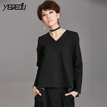 1420 весенние Лоскутные из искусственной кожи плиссированные футболка с длинным рукавом v-образный вырез Футболка в стиле хип-хоп женские черные модные свободные уличные Топы