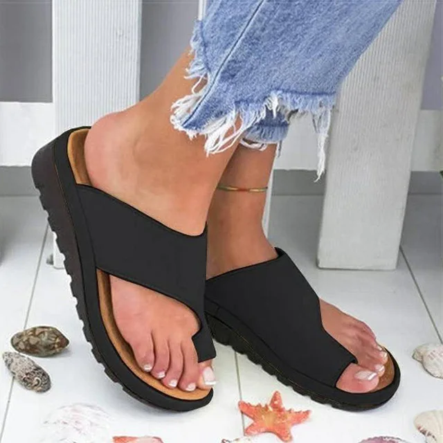 Женская обувь из искусственной кожи Удобные женские повседневные мягкие сандалии на плоской платформе с большим носком ортопедический корректор - Цвет: Черный