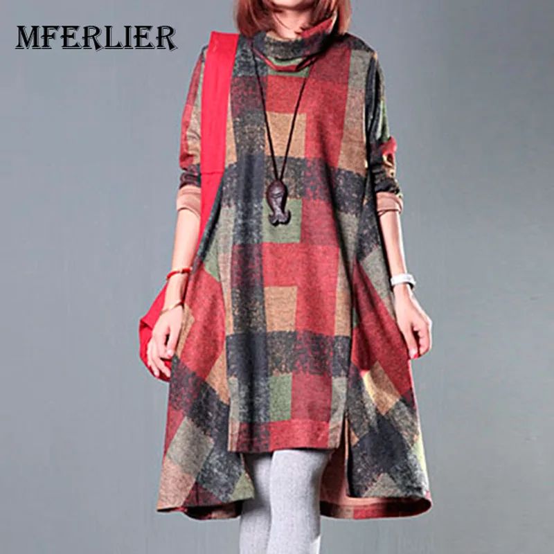 

Winter Autumn Turtleneck Women Dress Loose Casual Irregular Wool Dress Plaid Long Sleeve Vintage Dress Size M-2XL