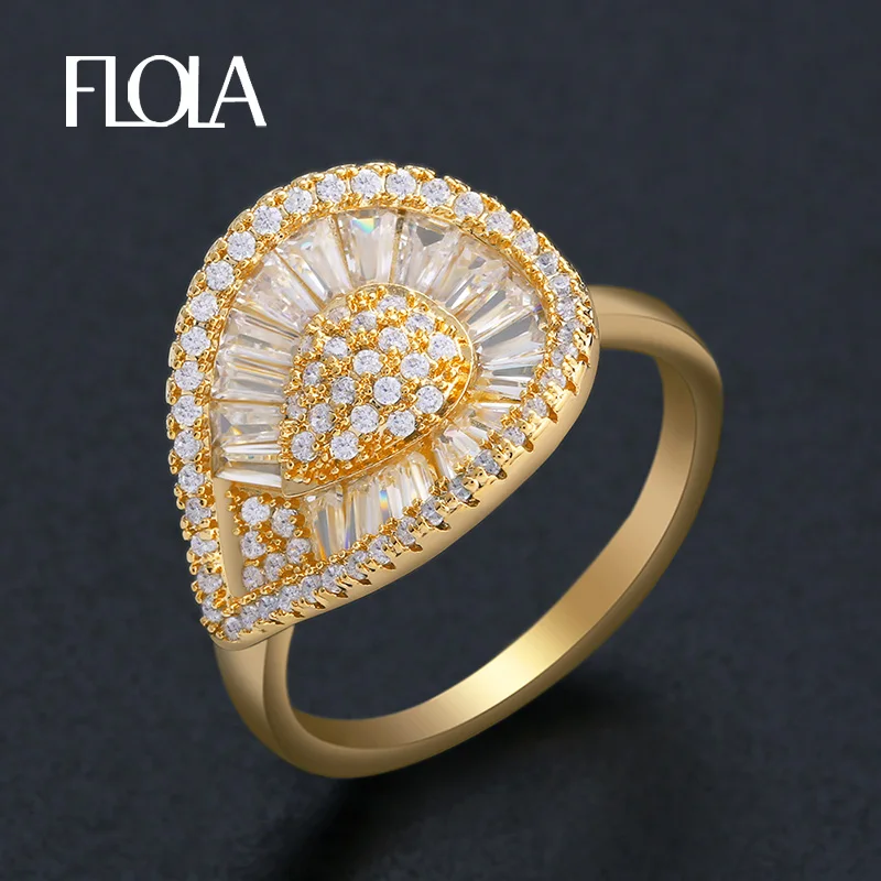 

FLOLA Adjustable Leaf Gold Rings for Women Luxury Brand CZ Crystal Ring anillos mujer Wedding Rings Gold 585 Jewelry righ43