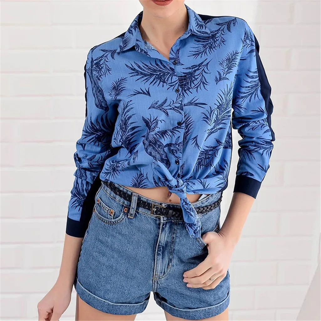 

2019 Women Office Blouses Long Sleeve Turn Down Collar Tops Leaves Print Blouse Ladies Shirt Tunic Blusas Chemisier Femme