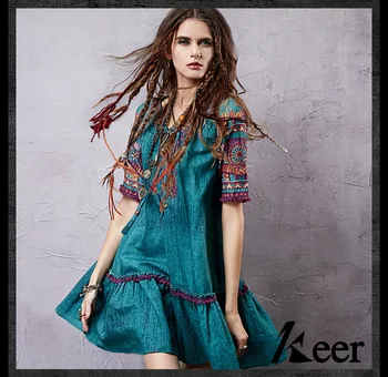 

2020 Vintage 70s ethnic short sleeve v neck embroidery dress for women summer Mexico boho vintage hippie festival dress gown