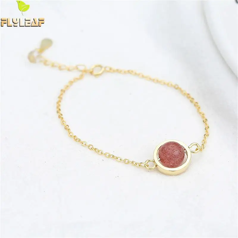 

Flyleaf 925 Sterling Silver Natural Strawberry Crystal Charm Bracelets For Women Simple Fine Jewelry Gold Bracelets & Bangles