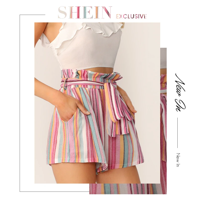 SHEIN Разноцветные полосатые шорты с поясом и карманами, шорты с высокой талией, женские повседневные шорты в стиле бохо