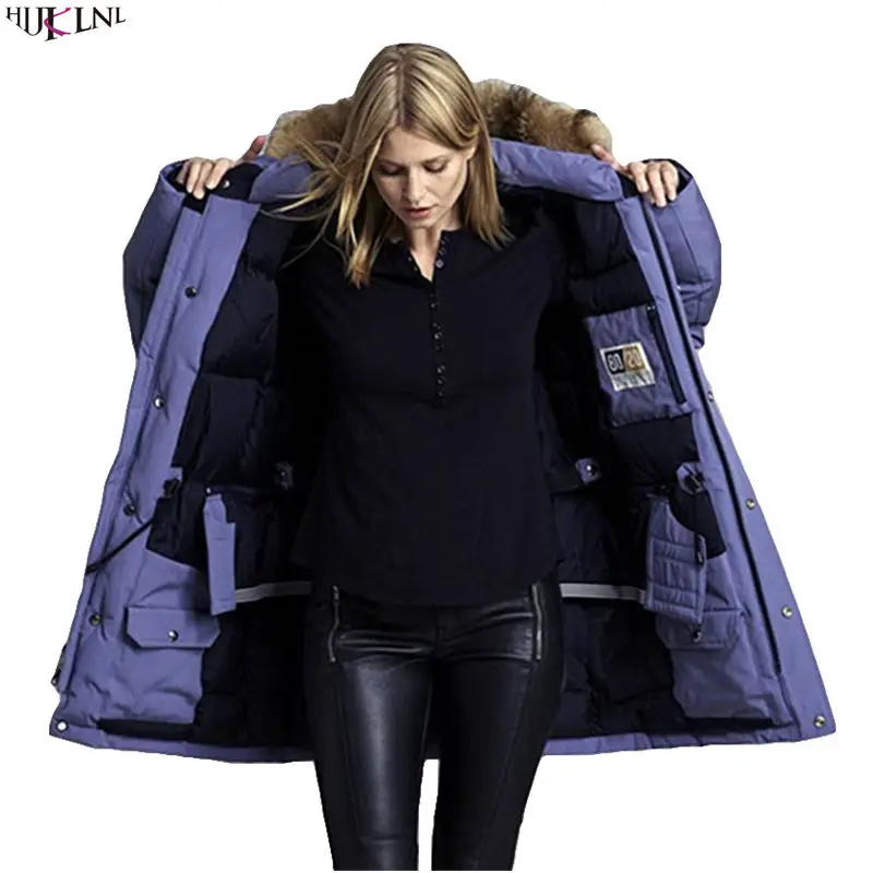 

2019 New Women Winter Duck Down Jacket Long Vintage Solid Color Coat Fur Hooded Zipper Outer Warm Casual Loose Outwear AC297
