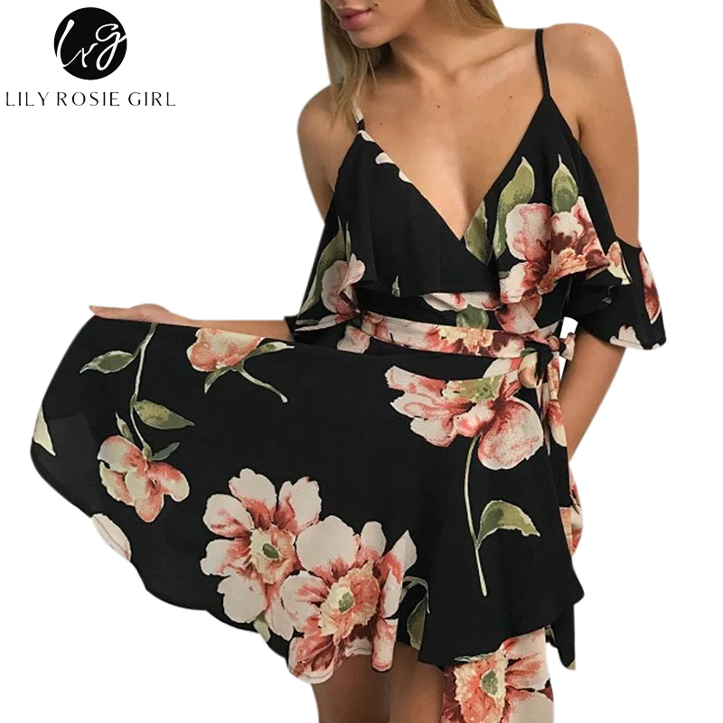 Lily Rosie Girl Off Shoulder Deep V Neck Boho Floral Print Mini Dress Ruffles Summer Beach Sexy Backless Short Dresses Vestidos
