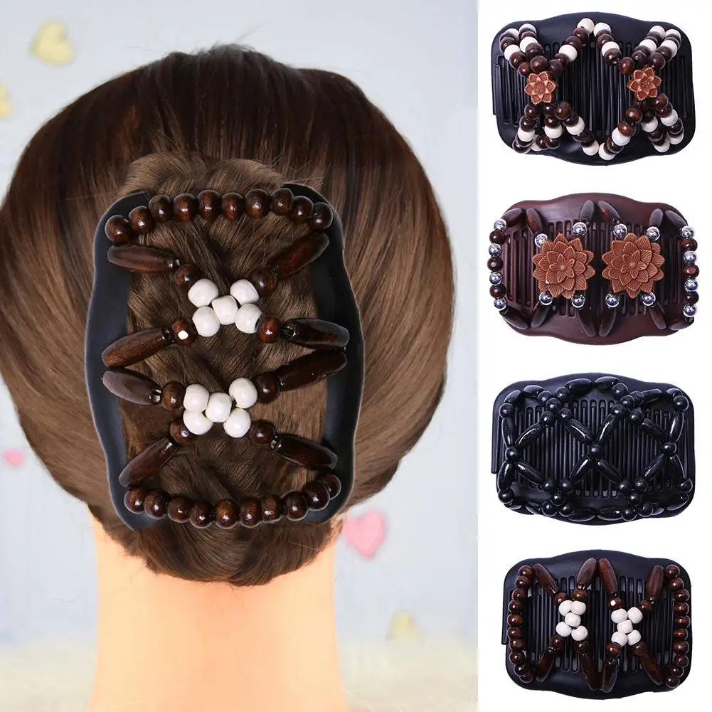 

2018 Double Slide Wooden Beads Comb Women Headwear Hair Clip Accessory Professional Hairdressing Supplies Salon Styling Tool