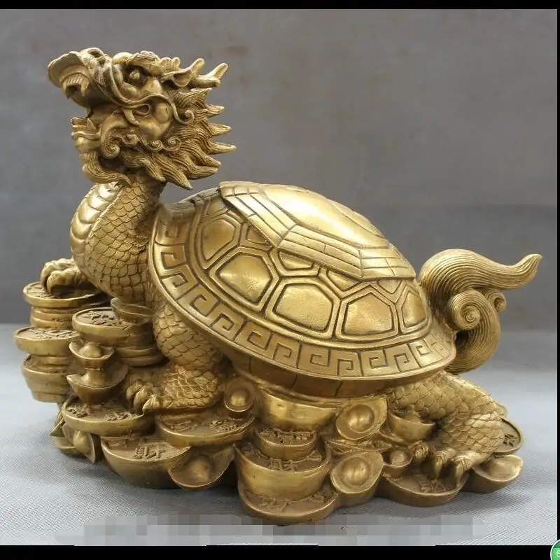 

88006279<<<13" China Pure Brass Folk 8 Diagrams Dragon Turtle On Wealth Coin YuanBao Statue
