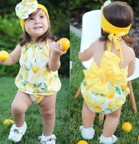 

Sweet Baby Girl Lemon Print Bodysuit Summer Kid Baby Girl Strap Halter Backless Bodysuit Infant Jumpsuit Outfit Children Clothes