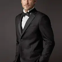 Новое поступление, смокинги для жениха с двумя пуговицами, сатинированный мужской костюм с отворотом, черные костюмы для жениха/жениха на выпускной(пиджак+ брюки+ галстук+ жилет