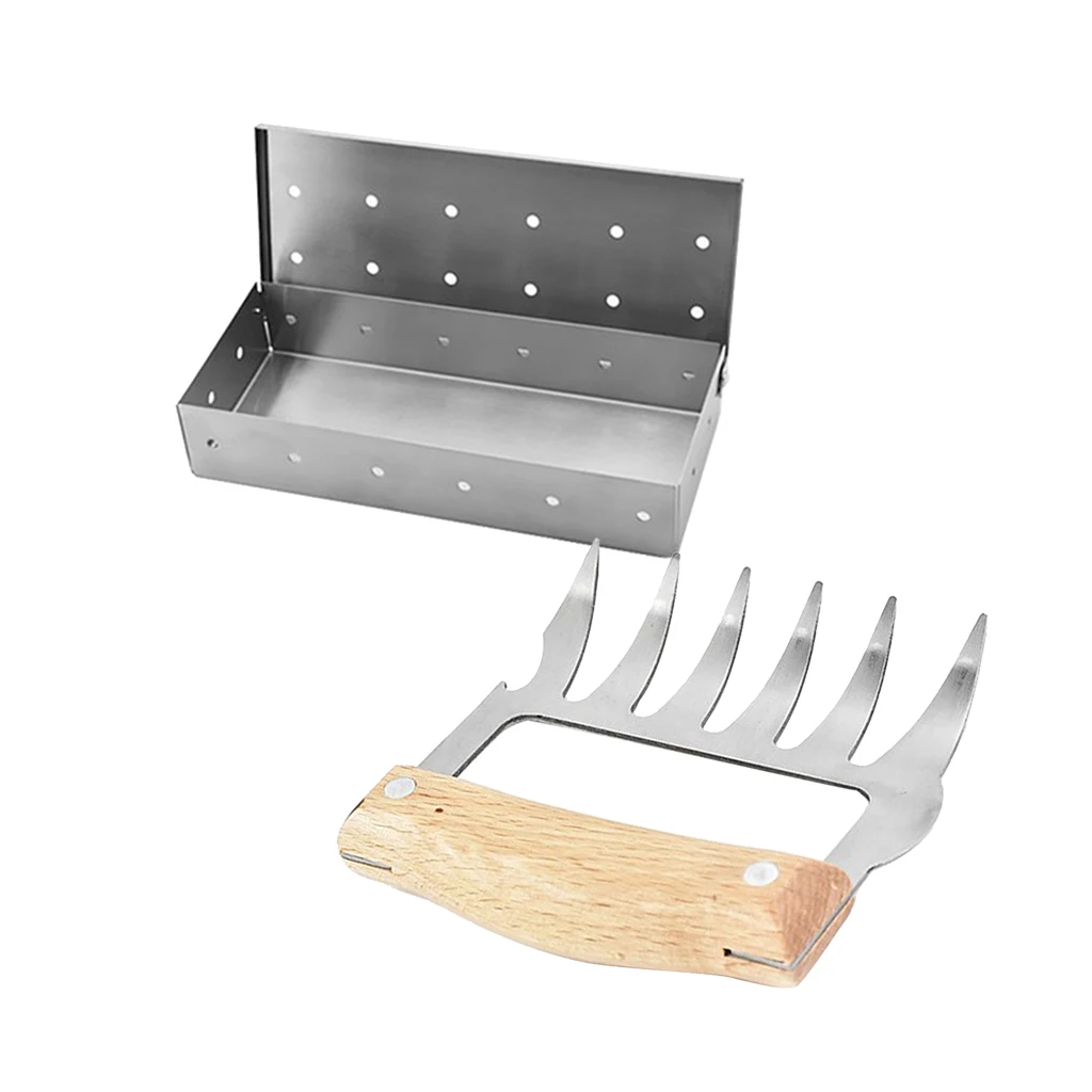 Meat Smoking Barbecue Smoker Box For BBQ Wood Chips & 1Pcs Meat Claw
