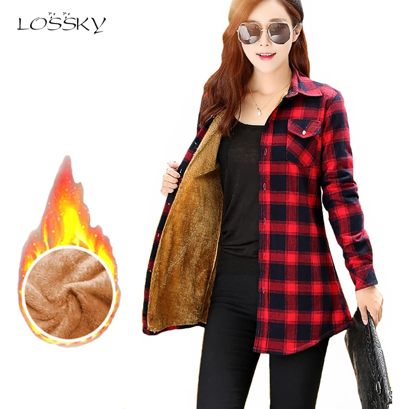 Acheter Lossky hiver velours Blouse épais garder au chaud coton chemises femmes à manches longues rouge Plaid chemise 2018 mode Blouse décontracté travail hauts