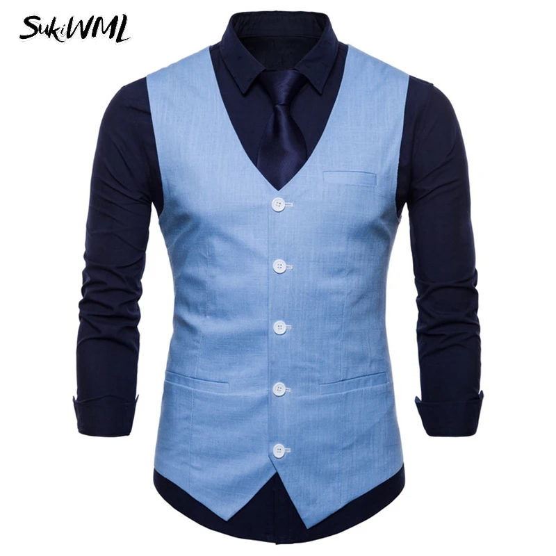 

SUKIWML 9 Color Mens Suit Vest 2018 Sleeveless Male Waistcoat Slim Fit Business Wedding Colete Masculino Social Gilet Costume