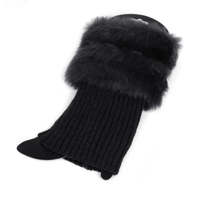 Женские зимние теплые вязаные гетры с меховой отделкой; манжеты; носки для обуви - Цвет: Black