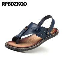 Слайды ремень домашние тапочки Мужские сандалии летние наружные кожа петля для носка синий обувь водонепроницаемый итальянский люди черный надевать пляж